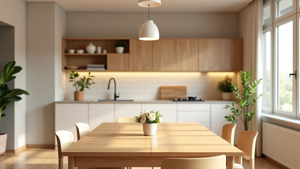 Kitchen dining area with natural wood table, fresh flowers, and organized storage with warm overhead lighting