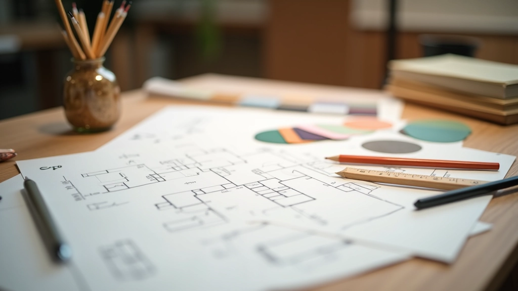 Interior designer's workspace showing fabric swatches, color samples, and floor plan sketches