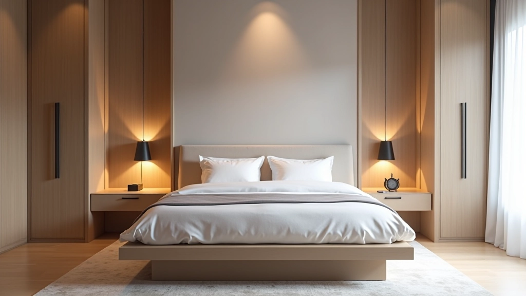 Master bedroom with neutral color palette, platform bed with integrated storage drawers, soft ambient lighting from wall sconces, and organized minimalist styling