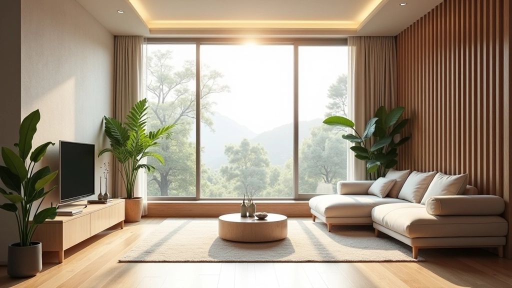 Modern living room with balanced interior design elements, natural light streaming through windows, carefully arranged furniture