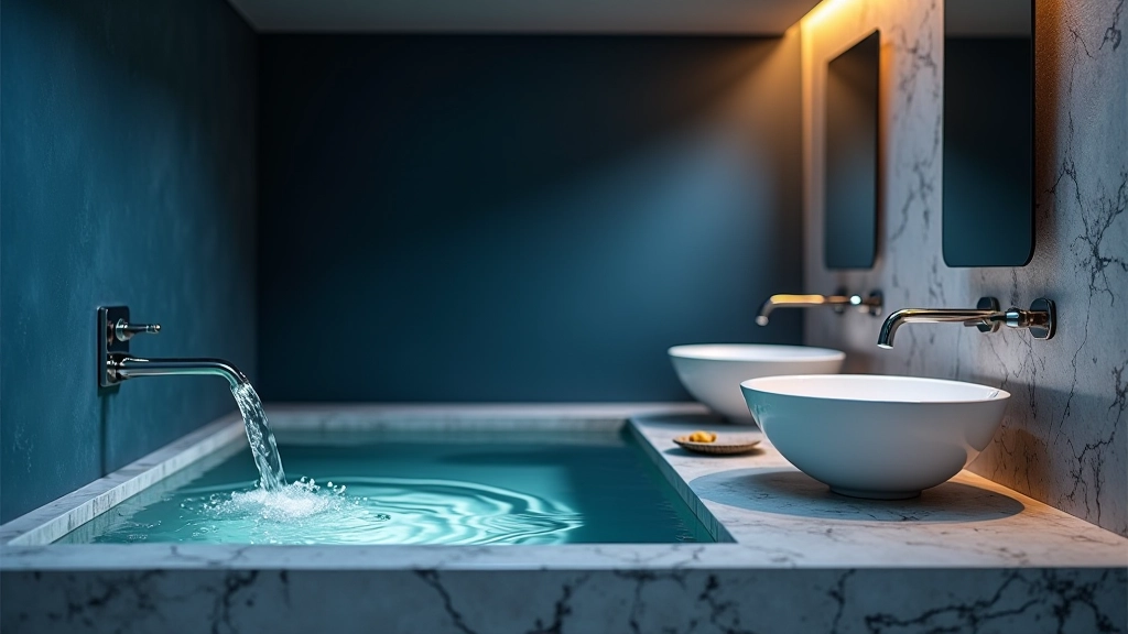Serene bathroom with deep blue tiles, soft lighting, water feature, and calming atmosphere creating flow