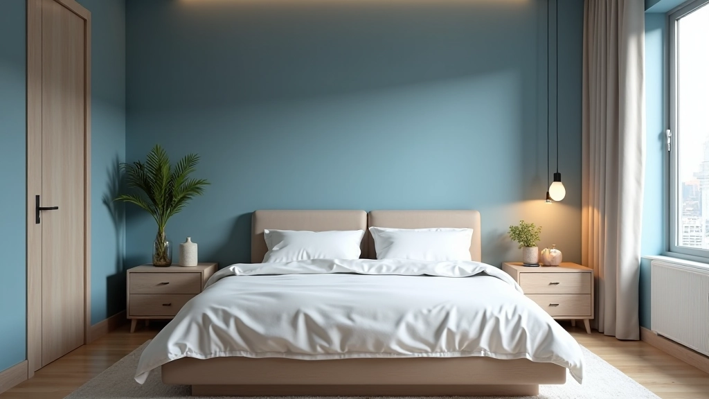 Modern bedroom with soft blue walls, warm wooden furniture, and layered textiles creating a balanced color scheme