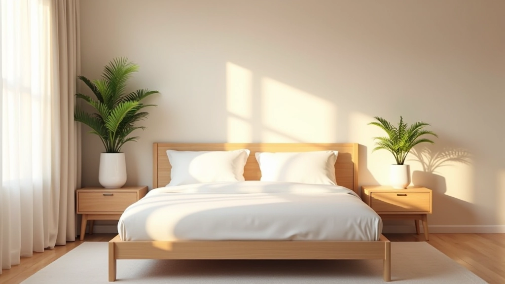 Modern bedroom with balanced furniture placement, soft lighting, and natural elements like wood and stone