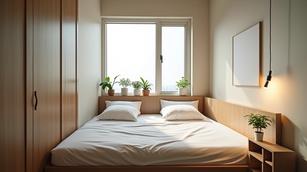 Well-organized small bedroom with strategic furniture placement, bed against wall, window unobstructed, minimal clutter, warm lighting